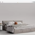 Modern Double Bed With Light Gray Frame White Pillows Gray Blanket And Round Side Table