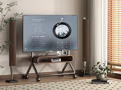 Modern TV on Wooden Stand with Wheels Speakers Potted Plant and Blinds Showing Music Playlist 3d model