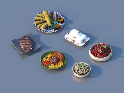 Colorful Assorted Food Plates Featuring Grilled Meat Noodles Dim Sum And Salad 3d model