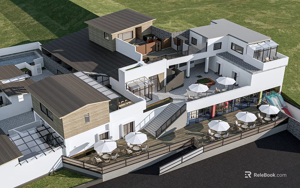 Modern Bed and Breakfast Building with Terrace Umbrellas Lawn and Wooden Accents 3d model 
