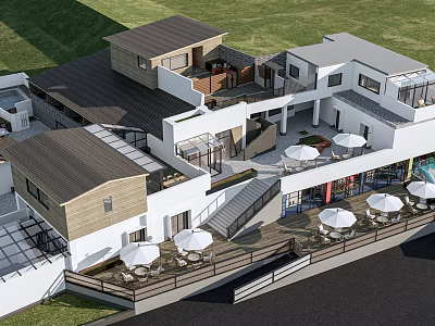 Modern Bed and Breakfast Building with Terrace Umbrellas Lawn and Wooden Accents 3d model