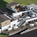 Modern Bed and Breakfast Building with Terrace Umbrellas Lawn and Wooden Accents