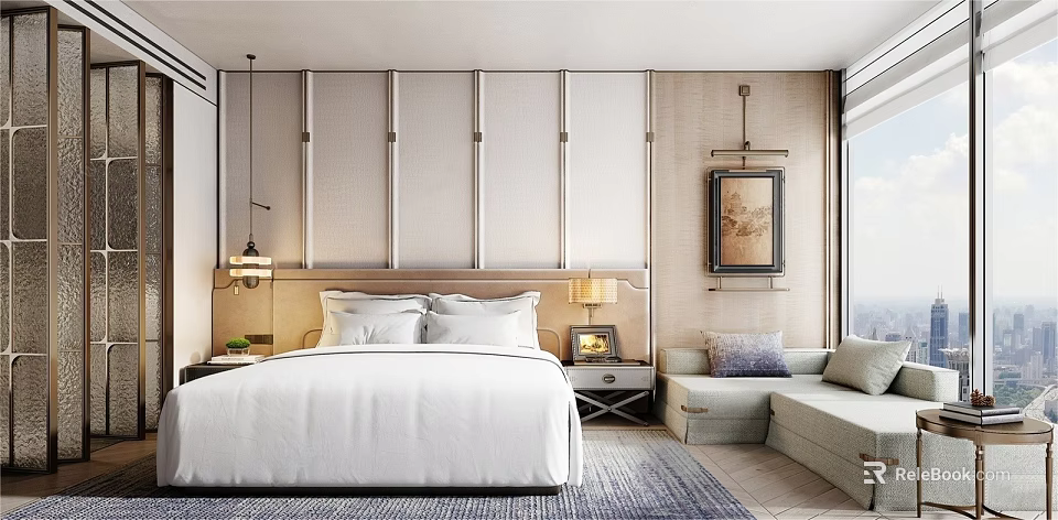 Elegant Hotel Guest Room Interior With White Bed Headboard Nightstand Lamp Sofa And Framed Painting 3d model 