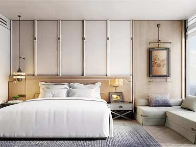 Elegant Hotel Guest Room Interior With White Bed Headboard Nightstand Lamp Sofa And Framed Painting 3d model