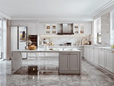 Modern Kitchen Interior With Bright Marble Island Countertops And White Cabinets 3d model