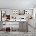 Modern Kitchen Interior With Bright Marble Island Countertops And White Cabinets