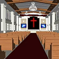 Religious Worship Church Interior With Cross Red Carpet Chandelier Wooden Pews And Stained Glass