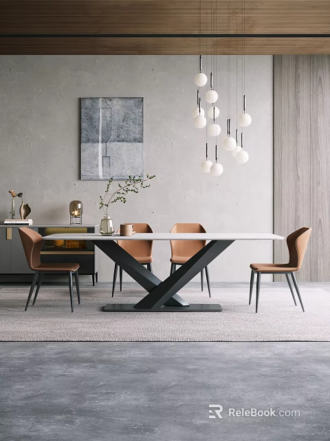 Modern Dining Table Set with Brown Chairs Black Metal Base White Tabletop and Pendant Lights 3d model 