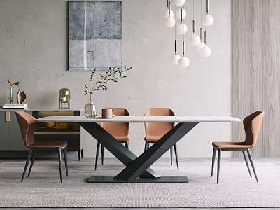 Modern Dining Table Set with Brown Chairs Black Metal Base White Tabletop and Pendant Lights 3d model