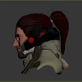 Game Character with Messy Red Hair Black Red Headgear Stubble and Metallic White Shoulders