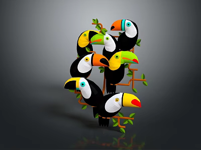 Colorful Tropical Toucans Perched On Tree Branches With Green Leaves And Vibrant Beaks 3d model