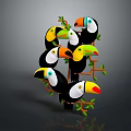 Colorful Tropical Toucans Perched On Tree Branches With Green Leaves And Vibrant Beaks