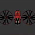 Red Drone With Dual Large Propellers And Yellow Black Warning Stripes Design