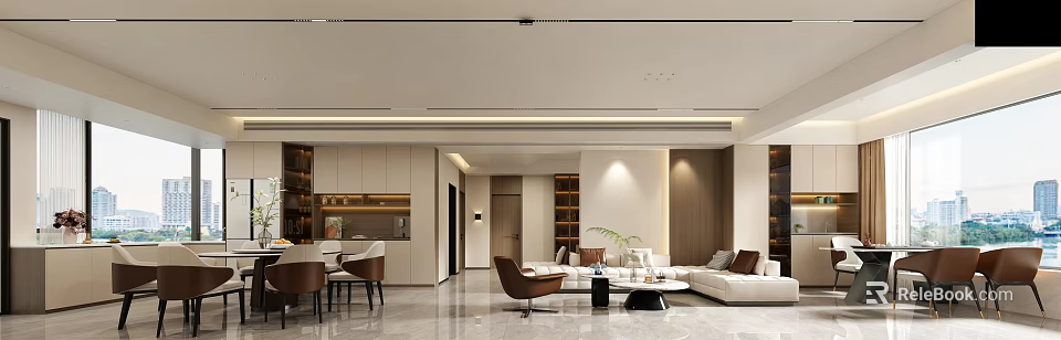 Modern Living Dining Room Interior Design With Sofa Dining Table And Marble Floor 3d model