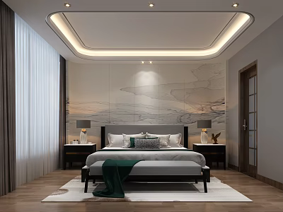 Modern Bedroom Interior With Large Bed Nightstands Table Lamps Decorative Wall And Wooden Floor 3d model