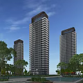 Modern High Rise Residential Buildings With Glass Curtain Walls Surrounding Trees And Blue Sky