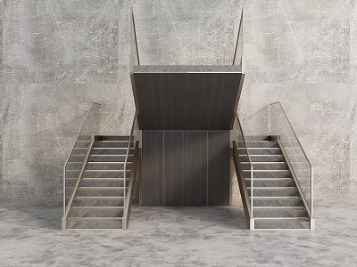 Minimalist Modern Double Flight Stairs With Metal Handrails And Wooden Treads Against Gray Wall 3d model