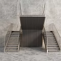 Minimalist Modern Double Flight Stairs With Metal Handrails And Wooden Treads Against Gray Wall