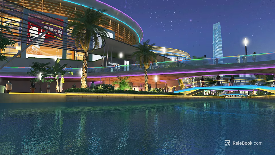 Nighttime Commercial Landscape With Curved Building Neon Lights Palm Trees And Waterfront Bridge 3d model 