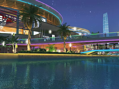 Nighttime Commercial Landscape With Curved Building Neon Lights Palm Trees And Waterfront Bridge 3d model
