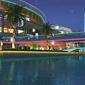 Nighttime Commercial Landscape With Curved Building Neon Lights Palm Trees And Waterfront Bridge