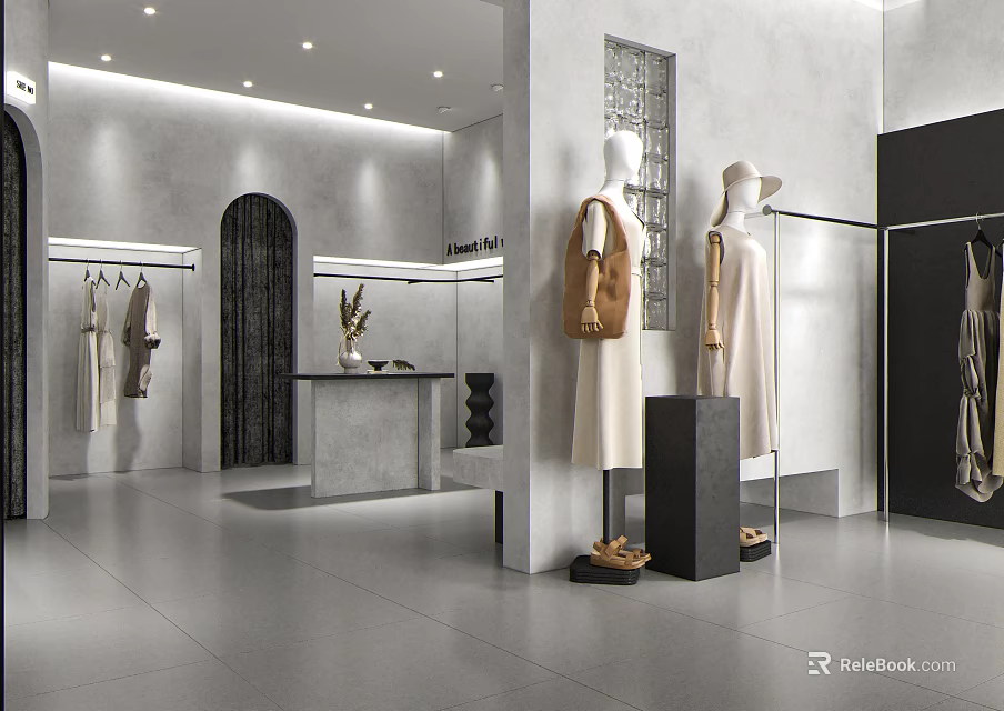 Modern Clothing Store Interior With Mannequins Displaying Dresses Clothes on Hangers and Display Table 3d model 