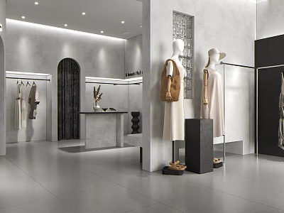 Modern Clothing Store Interior With Mannequins Displaying Dresses Clothes on Hangers and Display Table 3d model
