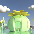 Cartoon Scene With Green Flower Shaped House Yellow Petals White Cloud And Colorful Flowers