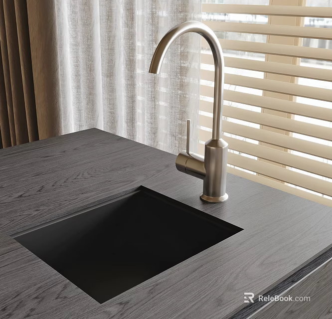 Modern Kitchen Countertop With Brushed Nickel Faucet And Black Sink 3d model 