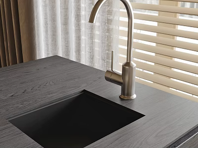 Modern Kitchen Countertop With Brushed Nickel Faucet And Black Sink 3d model