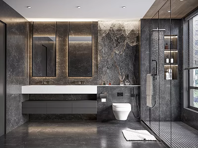 Modern Bathroom Interior With Double Mirrors Marble Walls White Vanity Grey Cabinets And Glass Shower 3d model