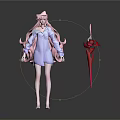 Game Movie Character With Pink Long Hair In Blue Shirt Dress And Red Weapon