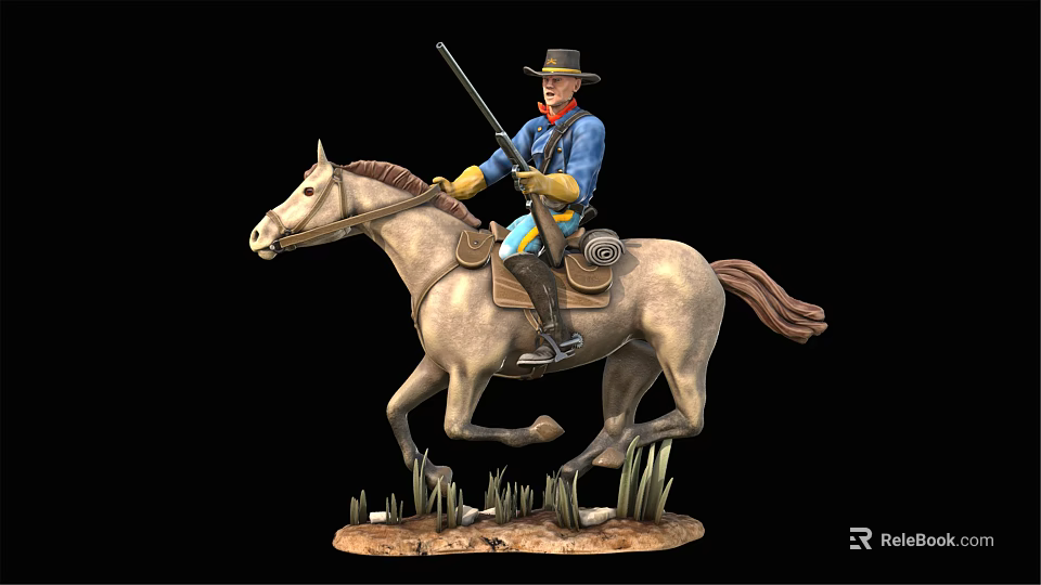 A Man Cowboy Riding a Horse Holding a Rifle in Western Style on Grassy Base 3d model 