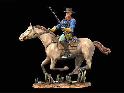 A Man Cowboy Riding a Horse Holding a Rifle in Western Style on Grassy Base 3d model