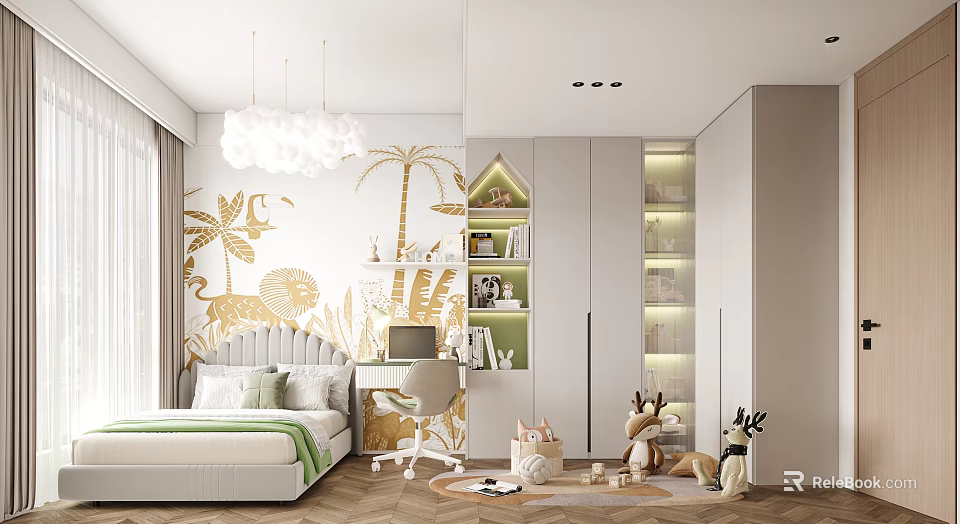Modern Kids Bedroom With Tropical Wall Art Study Desk Storage And Toys 3d model 