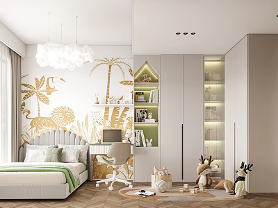 Modern Kids Bedroom With Tropical Wall Art Study Desk Storage And Toys 3d model