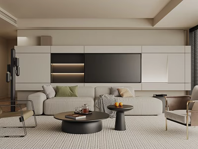 Modern Living Room Interior With Beige Sofa Green Pillows And Round Coffee Table 3d model