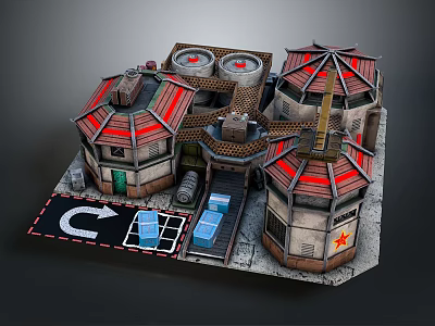 Cartoon Industrial Scene With Buildings Red Roofs Red Star Symbols Blue Crates And Loading Area 3d model