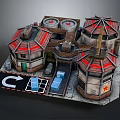 Cartoon Industrial Scene With Buildings Red Roofs Red Star Symbols Blue Crates And Loading Area