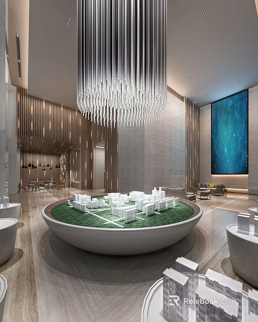 Elegant Sales Office Interior Design With Model Display Chandelier And Artwork 3d model 