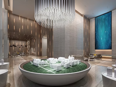 Elegant Sales Office Interior Design With Model Display Chandelier And Artwork 3d model