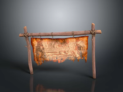 Old Map with Worn Edges Hanging on Wooden Stand Brownish Yellow Decorative Household Item 3d model