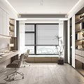 Modern Study Room Interior With Desk Chair Window Blinds Bookshelf And Plant
