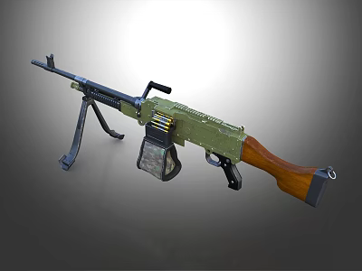 Military Light Machine Gun With Wooden Stock Green Body And Tripod Design 3d model