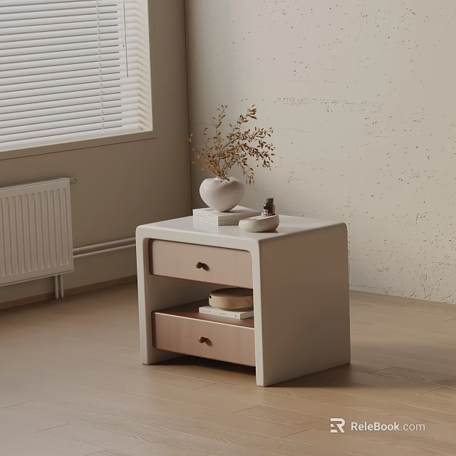 Minimalist White Bedroom Nightstand With Two Drawers Decorative Vase And Books 3d model 