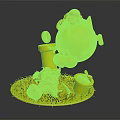 Cute Blue Cartoon Character With Pink Hat Small Buckets Gold Coin On Green Grass