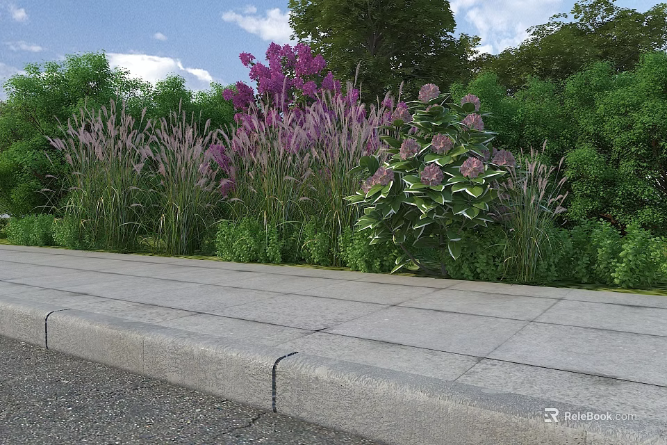 Garden Landscape Design With Purple Flowers Tall Grasses Green Shrubs And Stone Pavement 3d model 