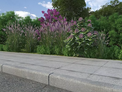 Garden Landscape Design With Purple Flowers Tall Grasses Green Shrubs And Stone Pavement 3d model