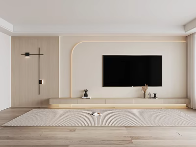 Modern TV Wall Design With Light Wood Panels Curved Lines TV Stand And Decorative Items 3d model