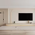 Modern TV Wall Design With Light Wood Panels Curved Lines TV Stand And Decorative Items